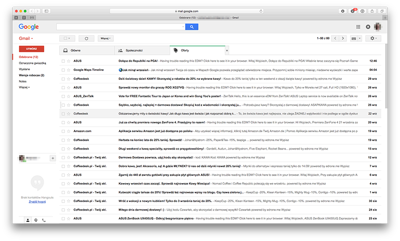 Trzy zakładki w Gmail